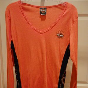 Harley-Davidson Ladies Long Sleeve T-shirt Large, Orange with Black/Orange Side